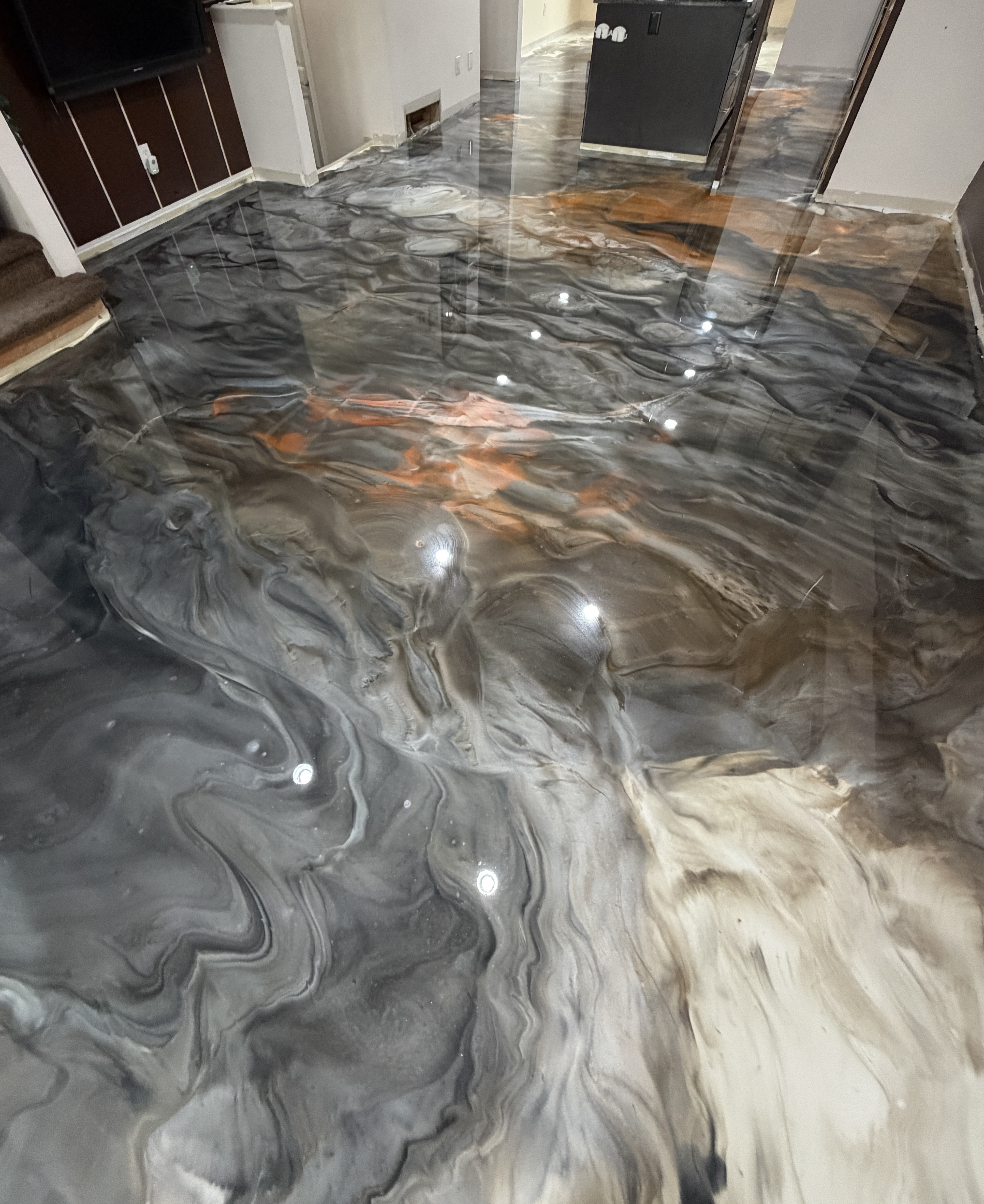 Orange and grey metallic floor